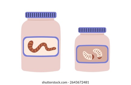 Jar of worms, earthworms and fly maggot insect. Fishing lure. Angling bait. Hand drawn flat vector illustration isolated on white background