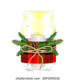 Jar wrapped with ribbon in Scottish cage, tied with rope, decorated with fir branch, cone for banners, posters, social media. Christmas, New Year. Vector illustration isolated on white background.