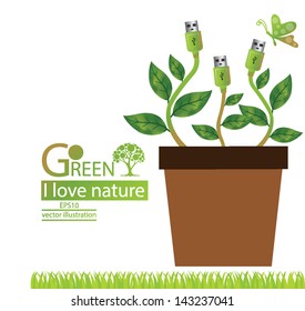 Jardiniere. Usb cable. Tree design. Go green. Save world. vector illustration.
