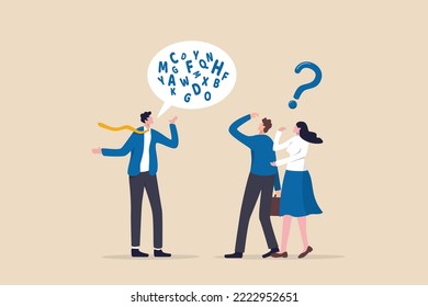 Jargon, communicate with technical word or hard to understand language, complicated conversation, difficult to explain, businessman talk with jargon word in speech bubble dialog make other confused. svg