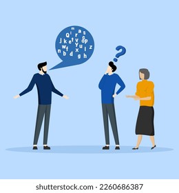 Jargon, complicated conversations, hard to explain, communicate in technical words, difficult to understand language, men speak in jargon words in speech bubble dialogues that confuse people. svg