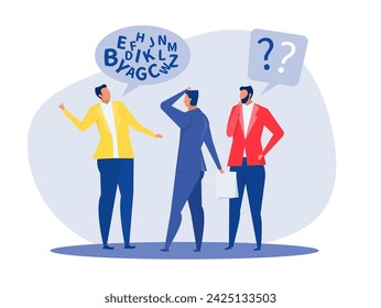 jargon words in speech communicate with technical word ,businessman talk with jargon word in speech bubble dialog make other confused. difficult to explain. Flat vector illustration.