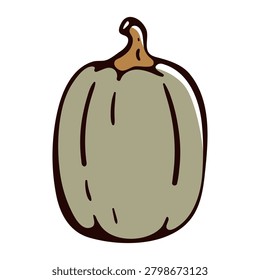 Jarrahdale blue pumpkin vector illustration and autumn harvest element. Hand drawn doodle green squash for Thanksgiving poster and pumpkin ale design. Single Queensland organic gourd object for cozy scandinavian home decor and fair flyer.