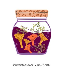 Jarred salted or pickled mushrooms, way to preserve the bounties of the forest harvest. Traditional culinary and food. Concept of forest harvest and of preserved mushrooms icon for food labels.