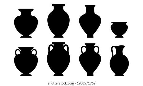 Jars and amphorae - a set of ceramics of different sizes and shapes. Black vector silhouette, set, collection. Kitchen utensils or home decor. Vector illustration.