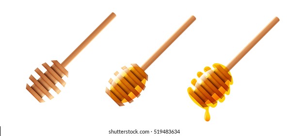 Jars or bottle of honey dripping with wooden honey on white background vector design.
