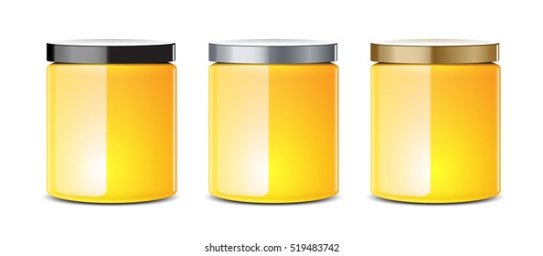 Jars or bottle of honey dripping with wooden honey on white background vector design.
