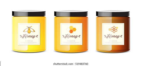 Jars or bottle of honey dripping with wooden honey on white background vector design.
