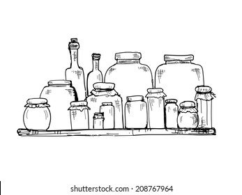 Jars and bottles. Hand drawn graphic illustration