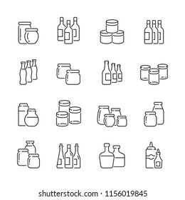 Jars and bottles related icons: thin vector icon set, black and white kit