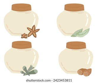 Jars bottles spices anis nutmeg cardamon flat design set