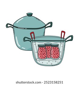 Jars of canned food are sterilized in water bath canning pot. Canning process, food preservation concept. Hand drawn doodle style vector illustration.
