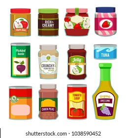 Jars with canned fruits and others different goods. Vector pictures in flat style. Food canned and jar with frui jam illustration