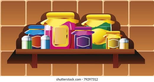 Jars and cans on the kitchen shelf.