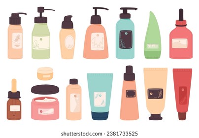 Jars with cosmetics. Body hair and skin care. Beauty procedures. Organic cosmetics and make-up products. Vector illustration