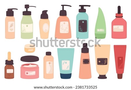 Jars with cosmetics. Body hair and skin care. Beauty procedures. Organic cosmetics and make-up products. Vector illustration