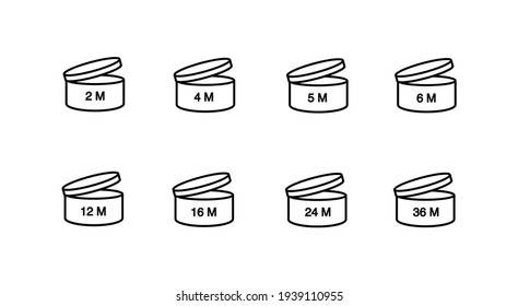 Jars for cosmetics. The sign of the shelf life of cosmetics and other goods. Period after opening. PAO. Icon set vector illustration.