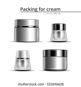 Jars of cream for the body. A set of cosmetic, plastic and glass packaging design. Vector illustration