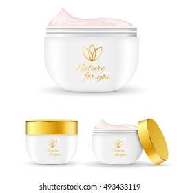 Jars of cream set with white glossy substance in open package with floral emblem isolated vector illustration