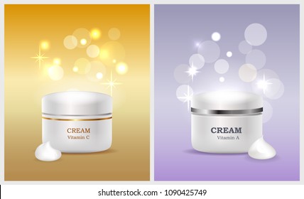 Jars of cream with vitamin A and C promo posters that have shiny glare on background. Cosmetical means for female beauty vector illustrations set.