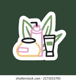 Jars with creams, with dispenser, tuba. Self care, clear skin, care cosmetics. Vector cute doodle. Sticker.