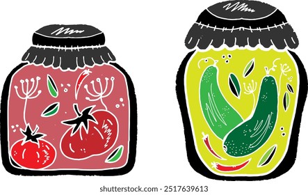 Jars of cucumbers and tomatoes. Linocut style element texture surface vector