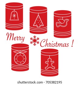 Jars for different products with Christmas and New Year tags: Christmas tree, bell, bird, Christmas wreath, gingerbread man.