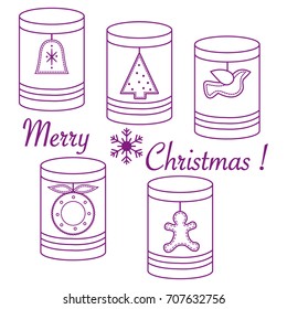 Jars for different products with Christmas and New Year tags: Ñ�hristmas tree, bell, bird, Ñ�hristmas wreath, gingerbread man.