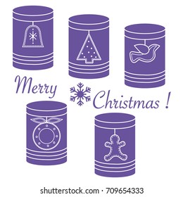 Jars for different products with Christmas and New Year tags: Ñ�hristmas tree, bell, bird, Ñ�hristmas wreath, gingerbread man.