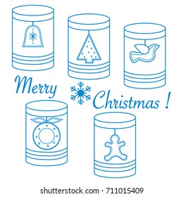 Jars for different products with Christmas and New Year tags: Ñ�hristmas tree, bell, bird, Ñ�hristmas wreath, gingerbread man.