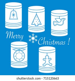 Jars for different products with Christmas and New Year tags: Ñ�hristmas tree, bell, bird, Ñ�hristmas wreath, gingerbread man.