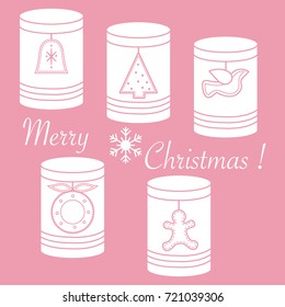 Jars for different products with Christmas and New Year tags: Ñ�hristmas tree, bell, bird, Ñ�hristmas wreath, gingerbread man.