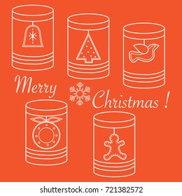 Jars for different products with Christmas and New Year tags: Ñ�hristmas tree, bell, bird, Ñ�hristmas wreath, gingerbread man.