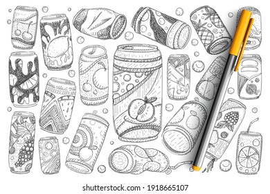 Jares con doodle de bebidas. Colección de refrescos de limonada de fruta a mano y bebidas refrescantes en botellas de metal aisladas en un fondo transparente. Ilustración de bebidas frías en verano
