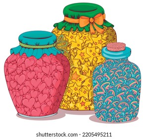 Jars emotion set. Jam with the taste of love. Hearts in a jar. Stars in a jar. Marinated light. The rainbow is sealed in a bottle. Marinade with rainbow flavor. Vector illustration.
