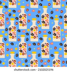 jars filled with flower seamless pattern. Glass jars filled with flowers geometric pattern seamless design.