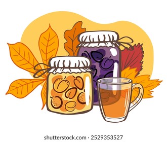 jars filled with preserved fruits and a cup of tea, surrounded by autumn leaves. Suitable for fall, autumn posters, recipe cards, or seasonal packaging