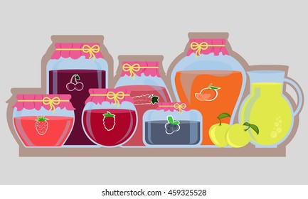 jars with fruit jam and apple juice