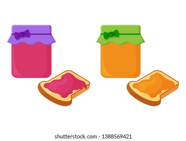 Jars with fruit jam. Slices of fried bread, toast with honey and jam. Vector illustration