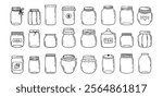 Jars hand drawn doodle isolated on white background. Jar empty, template outline drawing elements collection. Vector illustration eps10