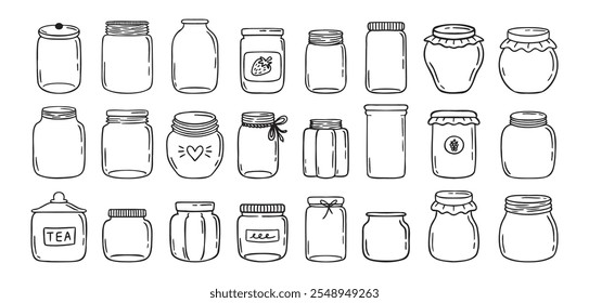 Jars hand drawn doodle isolated on white background. Jar empty, template outline drawing elements collection. Vector illustration eps10