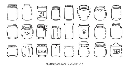 Jars hand drawn doodle isolated on white background. Jar empty, template outline drawing elements collection. Vector illustration eps10