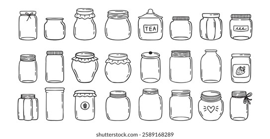 Jars hand drawn doodle isolated on white background. Jar empty, template outline drawing elements collection. Vector illustration eps10