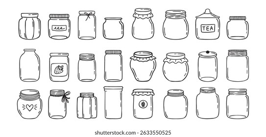 Jars hand drawn doodle isolated on white background. Jar empty, template outline drawing elements collection. Vector illustration eps10