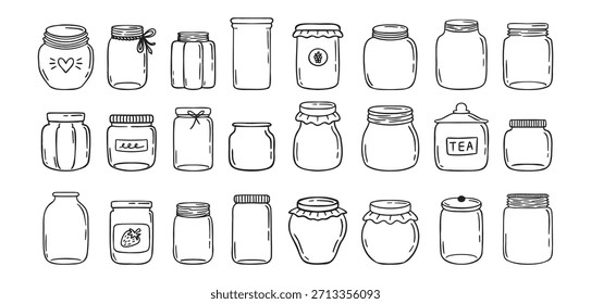 Tarros dibujados a mano doodle aislados sobre fondo blanco. Tarro vacío, esquema de Plantilla dibujando Elementos colección. Ilustración vectorial eps10