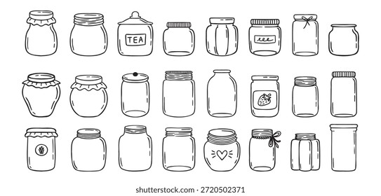 Tarros dibujados a mano doodle aislados sobre fondo blanco. Tarro vacío, esquema de Plantilla dibujando Elementos colección. Ilustración vectorial eps10