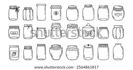 Jars hand drawn doodle isolated on white background. Jar empty, template outline drawing elements collection. Vector illustration eps10
