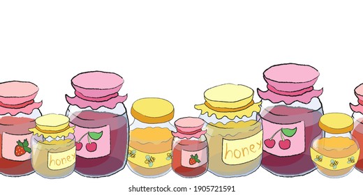 Jars of honey and compote cherry and strawberry border seamless vector on a white transparent background, color illustration. For wallpaper, food packaging, towels, kitchen design.