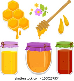 Jars of honey, honey dipper and honeycomb. Vector illustration collection.