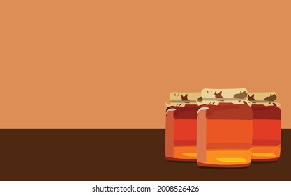 jars of honey on wooden table with brown background